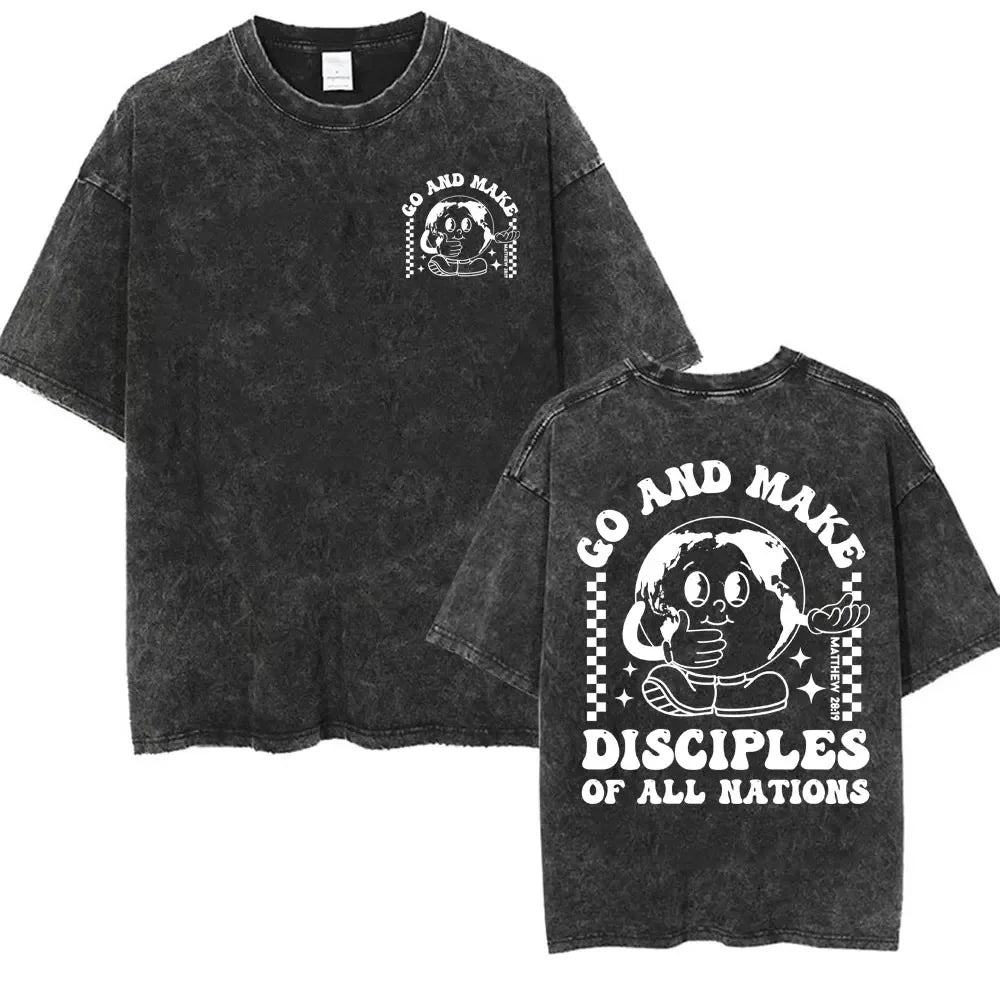 Go Make Disciples Of All Nations T Shirt Washed Cotton Matthew 28:19 Bible Verse Graphic Tee Christian Vintage Summer Top