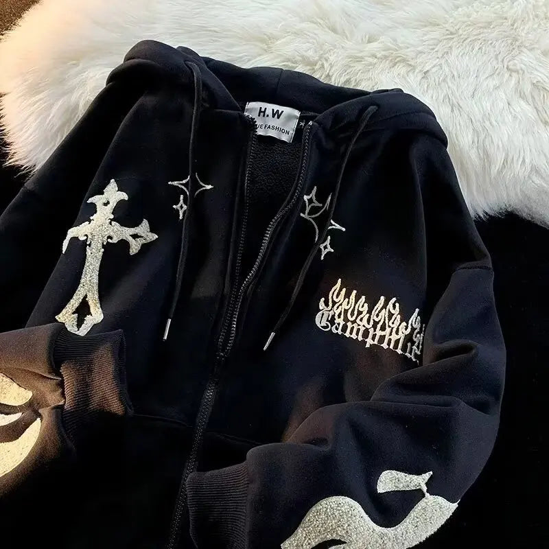 Retro Y2K Autumn Winter Hooded Coats Fashion Women Long Sleeve Embroidered Cross Fire Jackets Casual Streetwear Sweatshirts