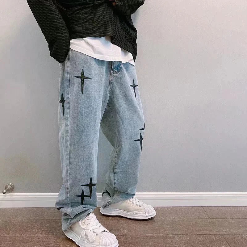 Men's Trendy Cool Style 2024 Blue Denim Pants Baggy Wide Leg Streetwear Trousers Cross Star Sticker Embroidery Design Jeans Male