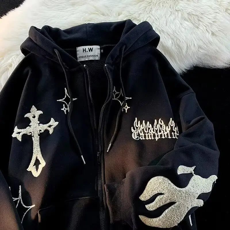 Retro Y2K Autumn Winter Hooded Coats Fashion Women Long Sleeve Embroidered Cross Fire Jackets Casual Streetwear Sweatshirts