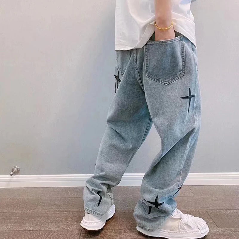 Men's Trendy Cool Style 2024 Blue Denim Pants Baggy Wide Leg Streetwear Trousers Cross Star Sticker Embroidery Design Jeans Male