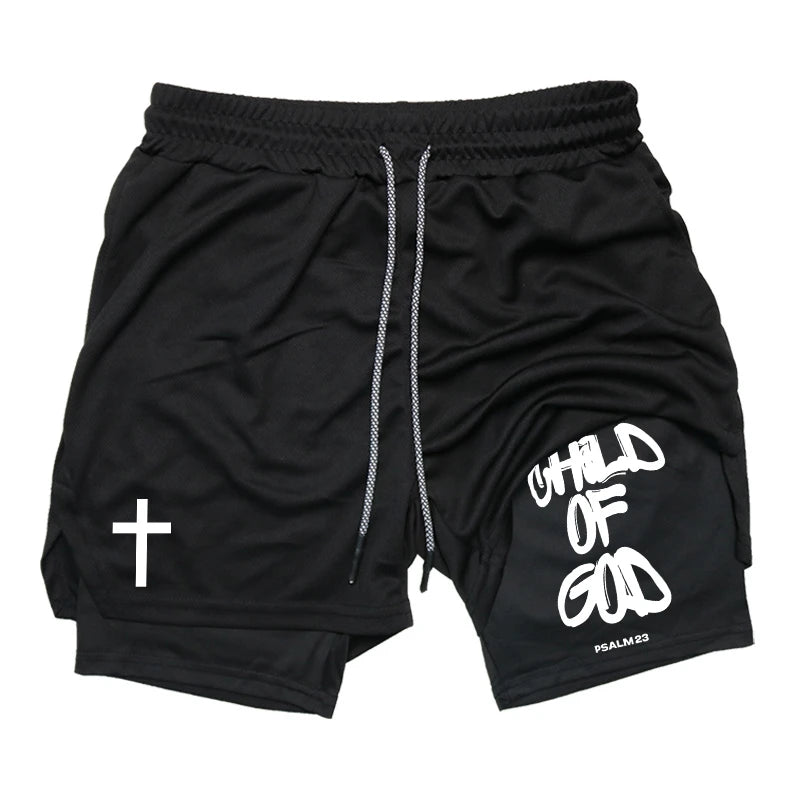 Print 2 in 1 Running Workout Shorts for Men Christian Gym Athletic Performance Shorts with Phone Pocket Towel Loop Activewear