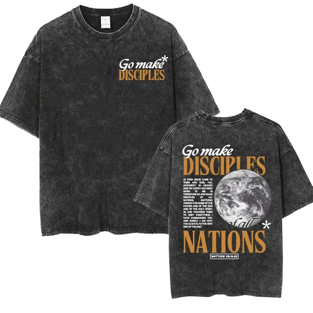 Go Make Disciples Of All Nations T Shirt Washed Cotton Matthew 28:19 Bible Verse Graphic Tee Christian Vintage Summer Top