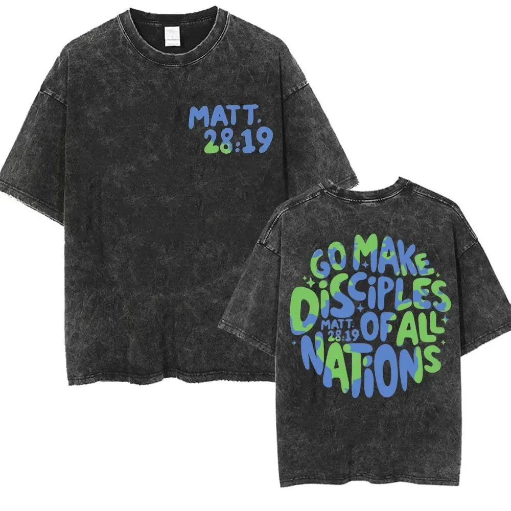 Go Make Disciples Of All Nations T Shirt Washed Cotton Matthew 28:19 Bible Verse Graphic Tee Christian Vintage Summer Top