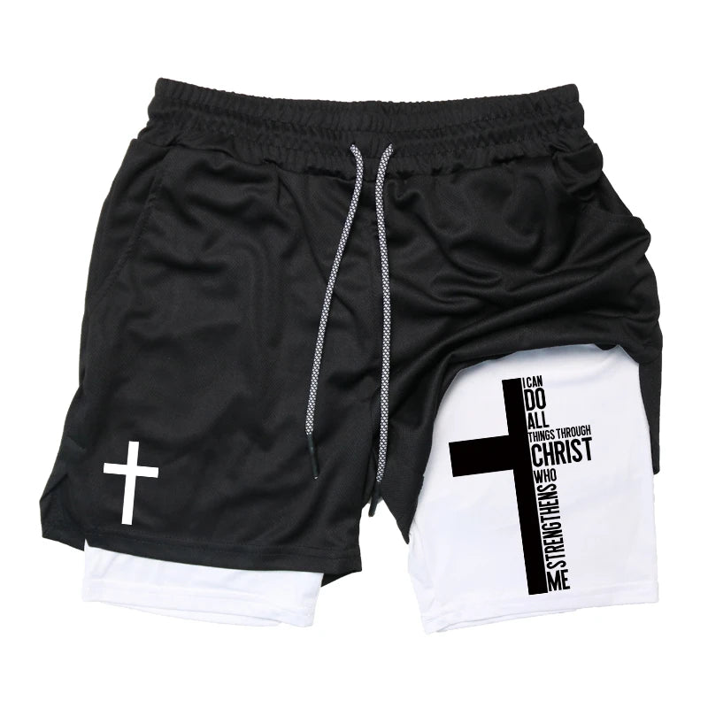 Print 2 in 1 Running Workout Shorts for Men Christian Gym Athletic Performance Shorts with Phone Pocket Towel Loop Activewear